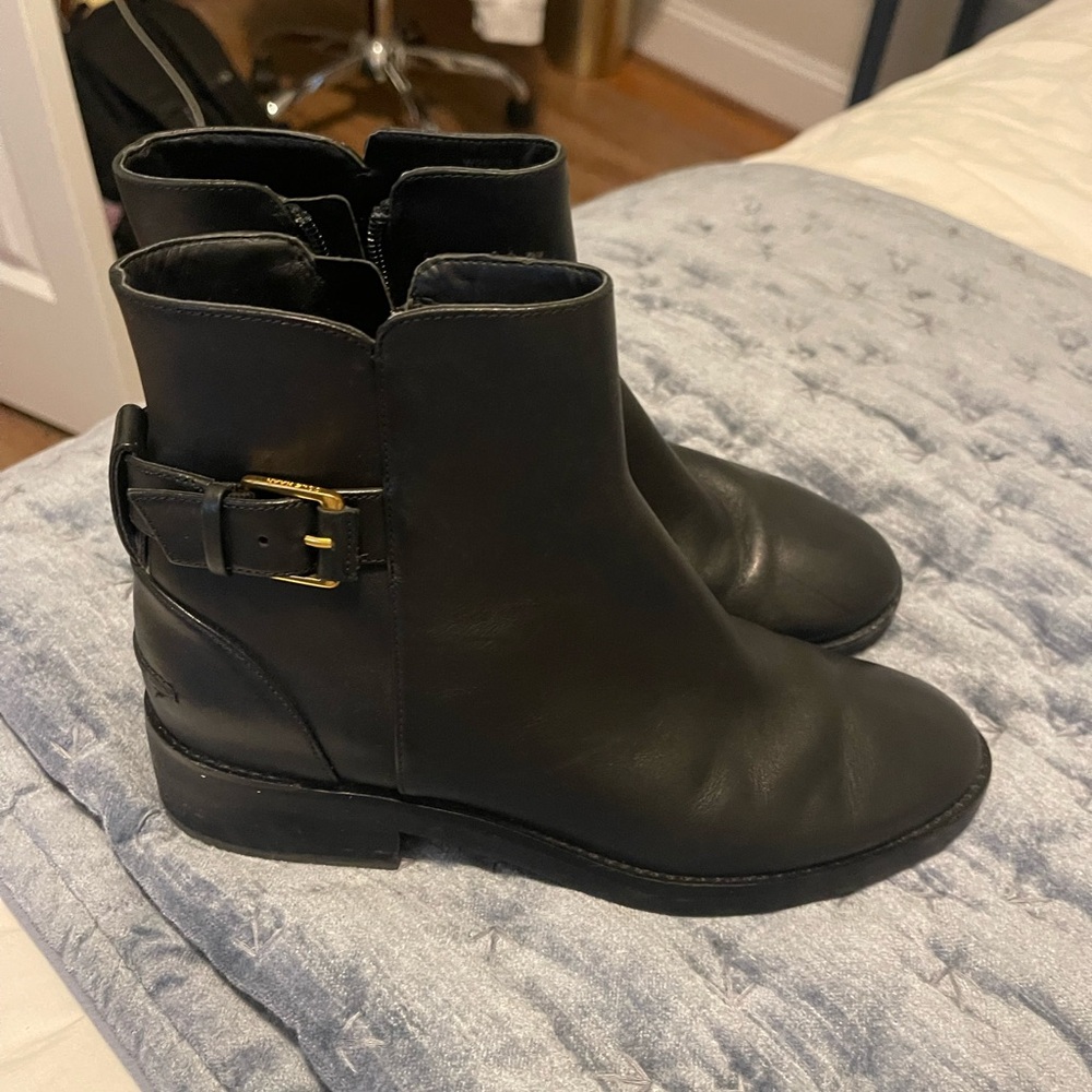 Cole Haan Black Leather Ankle Boots with Gold Buckle